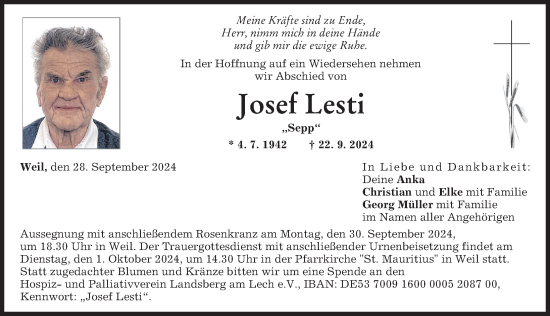 Traueranzeige von Josef Lesti von Landsberger Tagblatt