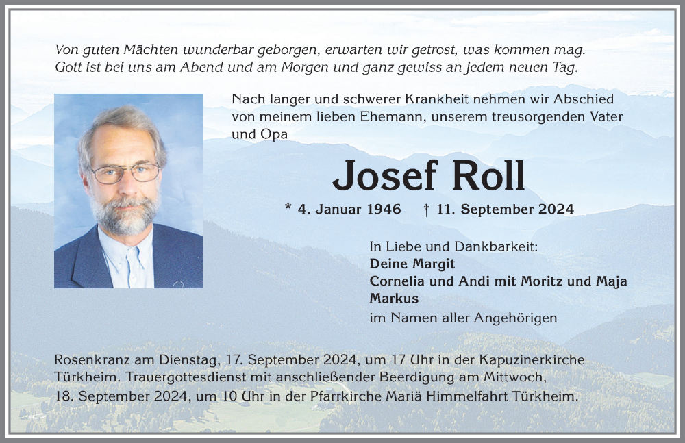  Traueranzeige für Josef Roll vom 14.09.2024 aus Mindelheimer Zeitung