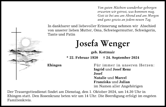 Traueranzeige von Josefa Wenger von Augsburg-Land