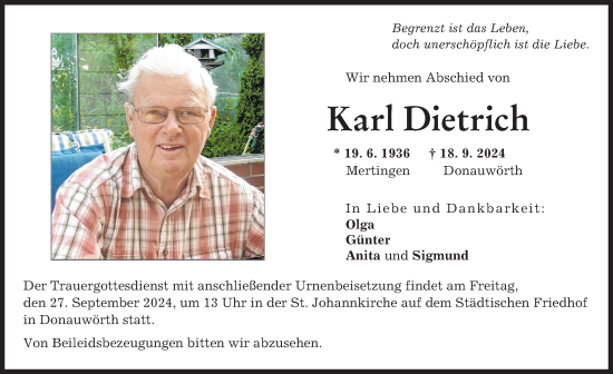 Traueranzeige von Karl Dietrich von Donauwörther Zeitung
