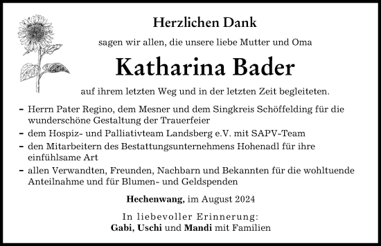 Traueranzeige von Katharina Bader von Landsberger Tagblatt