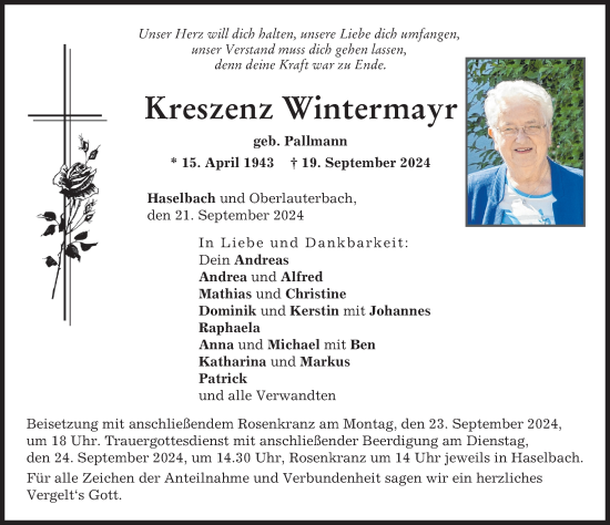 Traueranzeige von Kreszenz Wintermayr von Neuburger Rundschau