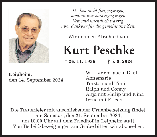 Traueranzeige von Kurt Peschke von Günzburger Zeitung