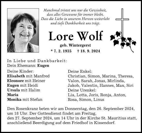 Traueranzeige von Lore Wolf von Günzburger Zeitung