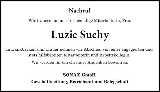 Traueranzeige von Luzie Suchy von Neuburger Rundschau