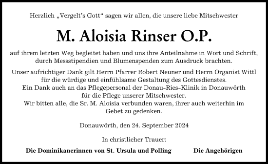 Traueranzeige von M. Aloisia Rinser von Donauwörther Zeitung