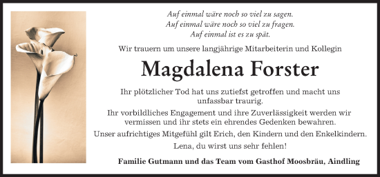 Traueranzeige von Magdalena Forster von Aichacher Nachrichten
