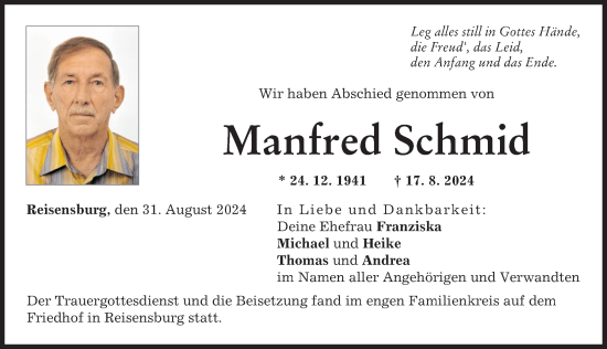Traueranzeige von Manfred Schmid von Günzburger Zeitung