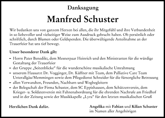 Traueranzeige von Manfred Schuster von Mindelheimer Zeitung