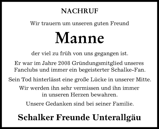 Traueranzeige von Manne  von Mindelheimer Zeitung
