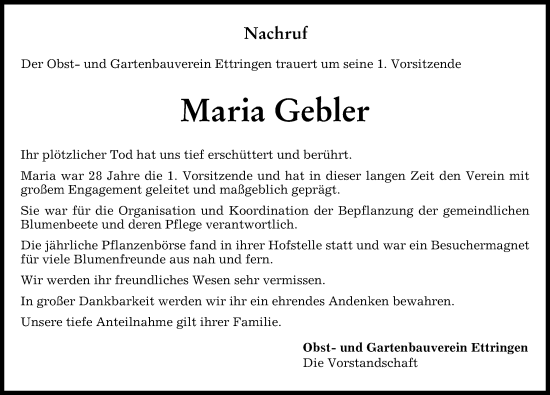 Traueranzeige von Maria Gebler von Mindelheimer Zeitung