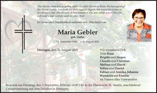 Traueranzeige von Maria Gebler von Mindelheimer Zeitung