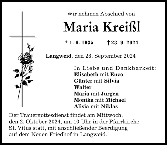 Traueranzeige von Maria Kreißl von Augsburg-Land