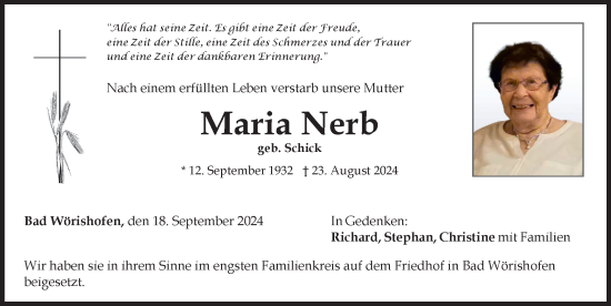 Traueranzeige von Maria Nerb von Mindelheimer Zeitung