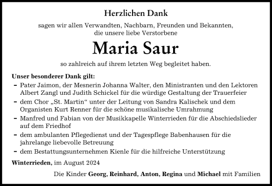 Traueranzeige von Maria Saur von Augsburger Allgemeine, Illertisser Zeitung