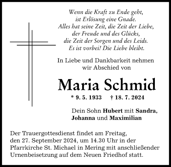 Traueranzeige von Maria Schmid von Friedberger Allgemeine