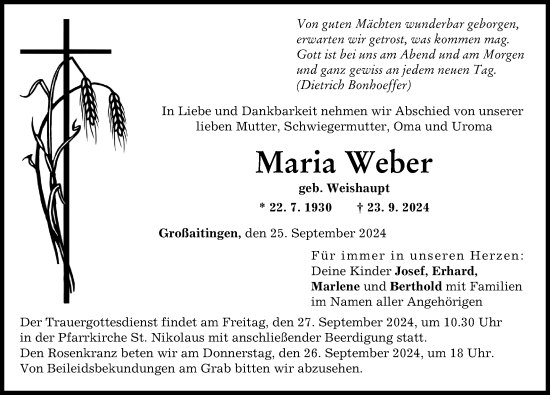 Traueranzeige von Maria Weber von Schwabmünchner Allgemeine
