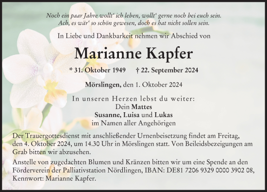 Traueranzeige von Marianne Kapfer von Donau Zeitung