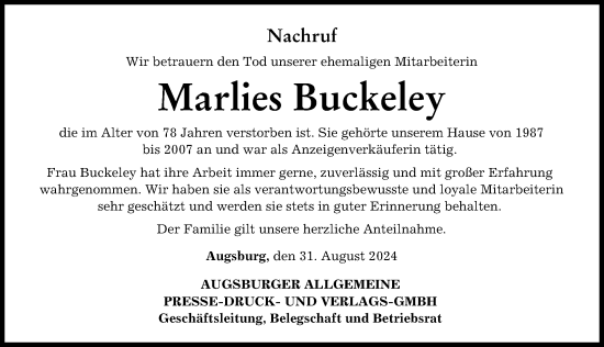 Traueranzeige von Marlies Buckeley von Augsburger Allgemeine