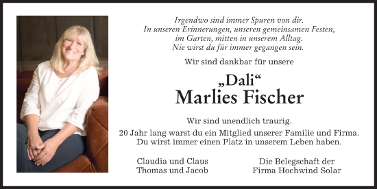 Traueranzeige von Marlies Fischer von Mindelheimer Zeitung