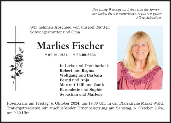 Traueranzeige von Marlies Fischer von Mindelheimer Zeitung