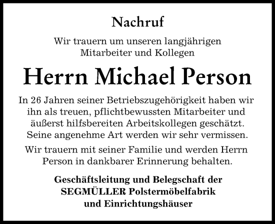 Traueranzeige von Michael Person von Friedberger Allgemeine