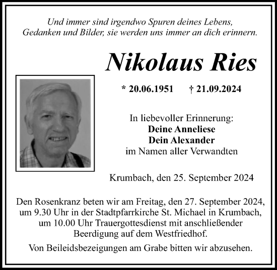 Traueranzeige von Nikolaus Ries von Mittelschwäbische Nachrichten