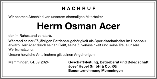 Traueranzeige von Osman Acer von Mindelheimer Zeitung