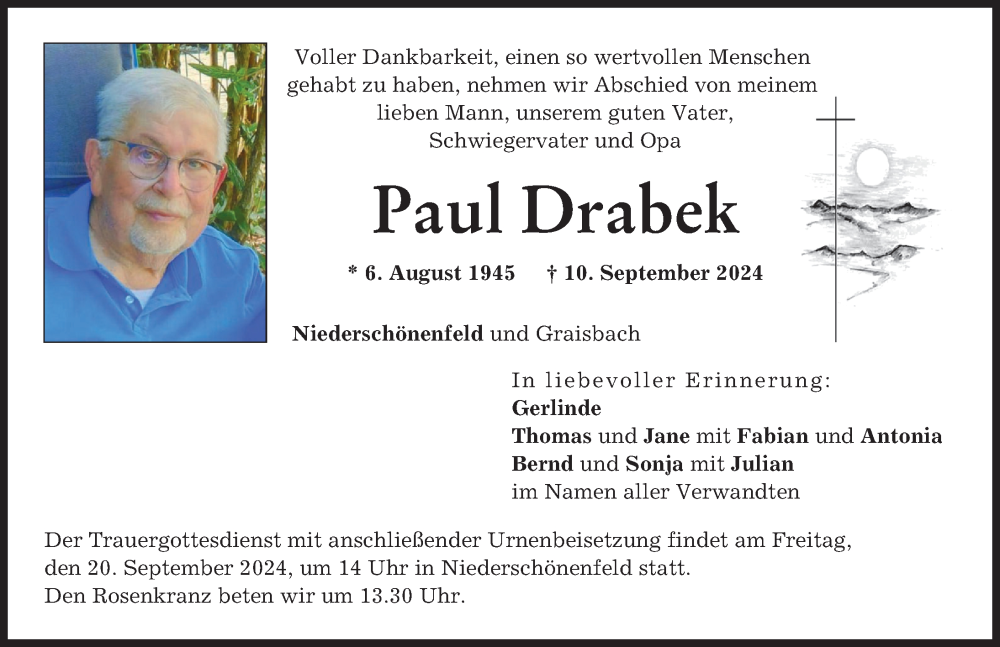  Traueranzeige für Paul Drabek vom 17.09.2024 aus Donauwörther Zeitung
