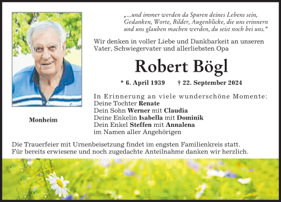 Traueranzeige von Robert Bögl von Donauwörther Zeitung