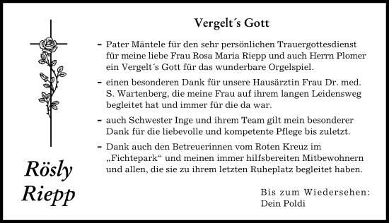 Traueranzeige von Rösly Riepp von Friedberger Allgemeine, Augsburger Allgemeine