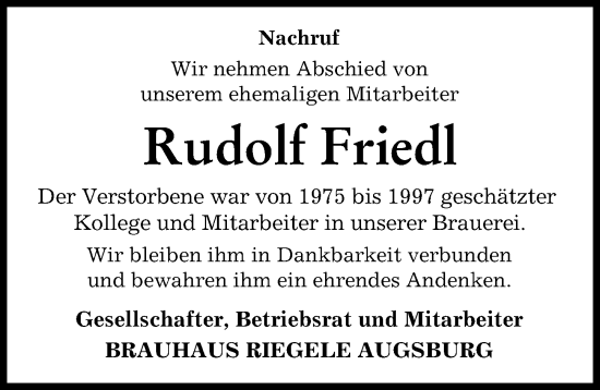 Traueranzeige von Rudolf Friedl von Augsburger Allgemeine