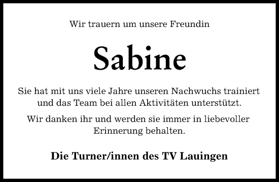 Traueranzeige von Sabine  von Donau Zeitung