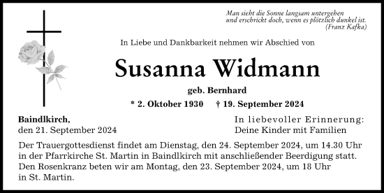 Traueranzeige von Susanna Widmann von Friedberger Allgemeine
