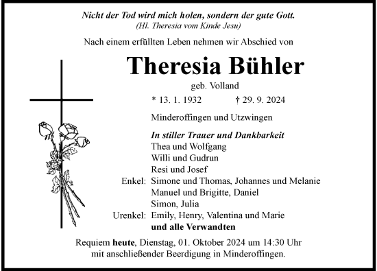 Traueranzeige von Theresia Bühler von Rieser Nachrichten