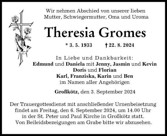 Traueranzeige von Theresia Gromes von Günzburger Zeitung
