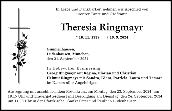 Traueranzeige von Theresia Ringmayr von Landsberger Tagblatt