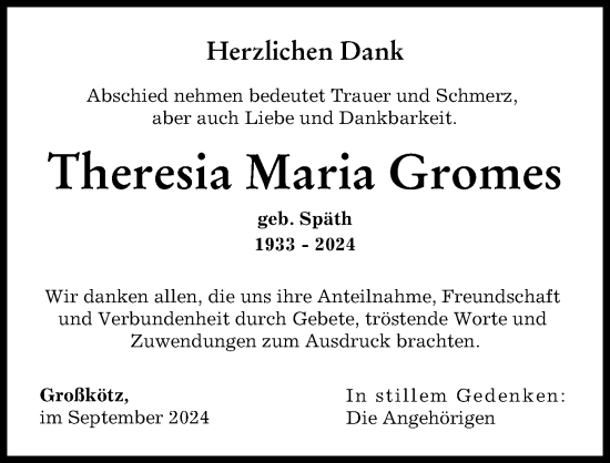 Traueranzeige von Theresia Maria Gromes von Günzburger Zeitung