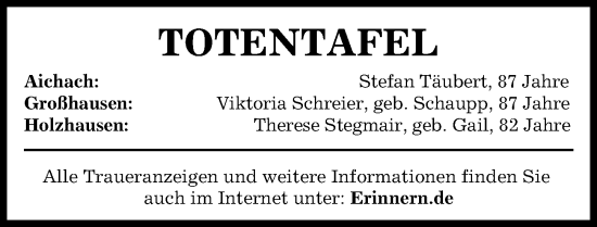 Traueranzeige von Totentafel vom 07.09.2024 von Aichacher Nachrichten