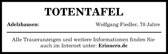 Traueranzeige von Totentafel vom 14.09.2024 von Aichacher Nachrichten