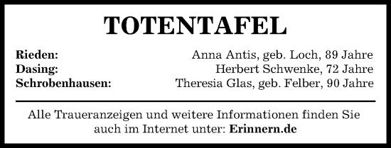 Traueranzeige von Totentafel vom 28.09.2024 von Aichacher Nachrichten