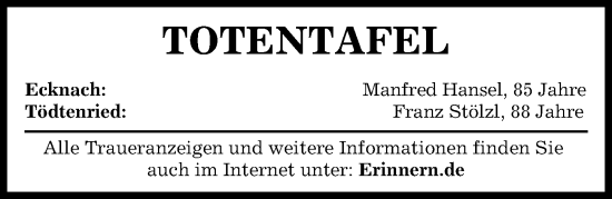 Traueranzeige von Totentafel vom 31.08.2024 von Aichacher Nachrichten