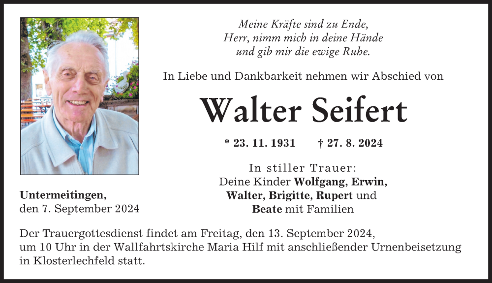  Traueranzeige für Walter Seifert vom 07.09.2024 aus Schwabmünchner Allgemeine