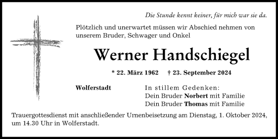 Traueranzeige von Werner Handschiegel von Donauwörther Zeitung