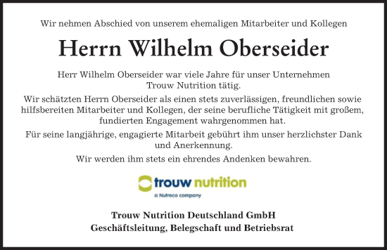 Traueranzeige von Wilhelm Oberseider von Neuburger Rundschau