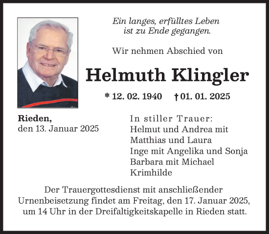 Traueranzeige von Helmuth Klingler von Günzburger Zeitung