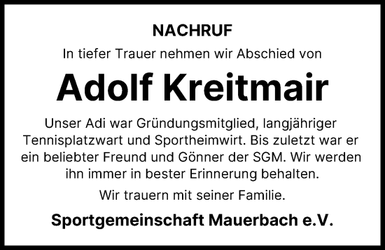 Traueranzeige von Adolf Kreitmair von Aichacher Nachrichten