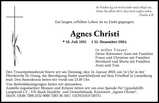 Traueranzeige von Agnes Christi von Augsburger Allgemeine