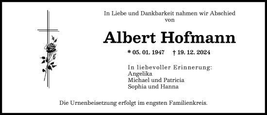 Traueranzeige von Albert Hofmann von Augsburger Allgemeine