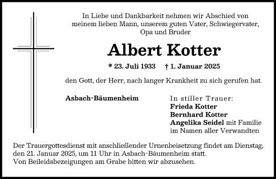 Traueranzeige von Albert Kotter von Donauwörther Zeitung